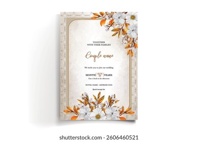 WEDDING INVITATION FRAME WITH FLOWER DECORATIONS AND FRESH LEAVES