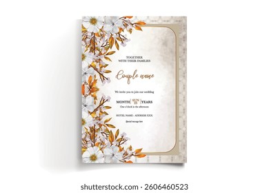 WEDDING INVITATION FRAME WITH FLOWER DECORATIONS AND FRESH LEAVES