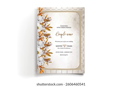 WEDDING INVITATION FRAME WITH FLOWER DECORATIONS AND FRESH LEAVES