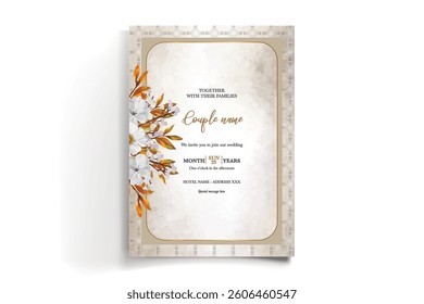 WEDDING INVITATION FRAME WITH FLOWER DECORATIONS AND FRESH LEAVES