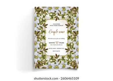 WEDDING INVITATION FRAME WITH FLOWER DECORATIONS AND FRESH LEAVES