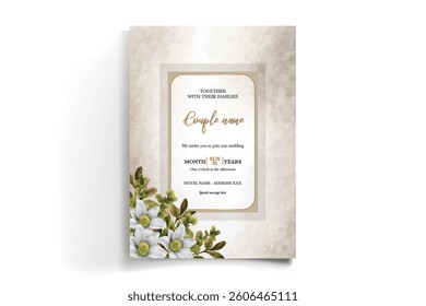 WEDDING INVITATION FRAME WITH FLOWER DECORATIONS AND FRESH LEAVES