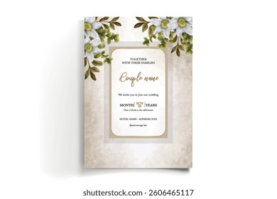 WEDDING INVITATION FRAME WITH FLOWER DECORATIONS AND FRESH LEAVES