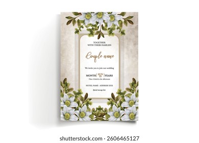 WEDDING INVITATION FRAME WITH FLOWER DECORATIONS AND FRESH LEAVES