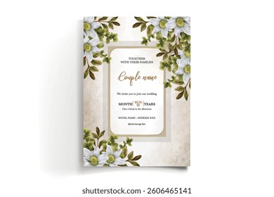 WEDDING INVITATION FRAME WITH FLOWER DECORATIONS AND FRESH LEAVES