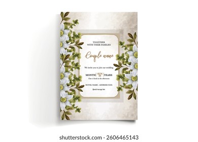 WEDDING INVITATION FRAME WITH FLOWER DECORATIONS AND FRESH LEAVES