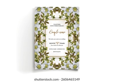 WEDDING INVITATION FRAME WITH FLOWER DECORATIONS AND FRESH LEAVES