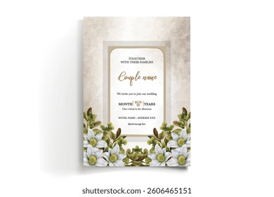 WEDDING INVITATION FRAME WITH FLOWER DECORATIONS AND FRESH LEAVES