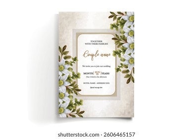 WEDDING INVITATION FRAME WITH FLOWER DECORATIONS AND FRESH LEAVES