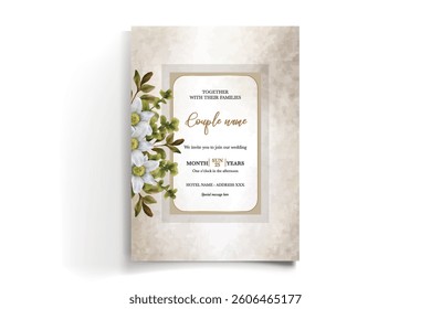 WEDDING INVITATION FRAME WITH FLOWER DECORATIONS AND FRESH LEAVES