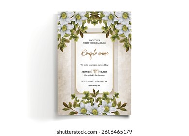 WEDDING INVITATION FRAME WITH FLOWER DECORATIONS AND FRESH LEAVES