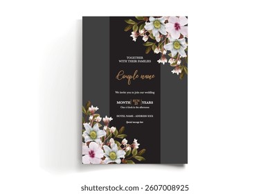 WEDDING INVITATION FRAME WITH FLOWER DECORATIONS AND FRESH LEAVES