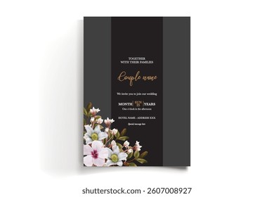 WEDDING INVITATION FRAME WITH FLOWER DECORATIONS AND FRESH LEAVES