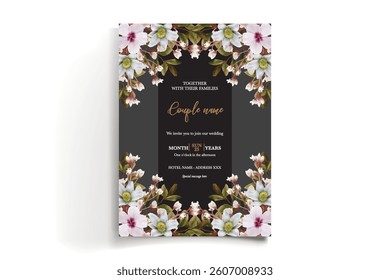 WEDDING INVITATION FRAME WITH FLOWER DECORATIONS AND FRESH LEAVES