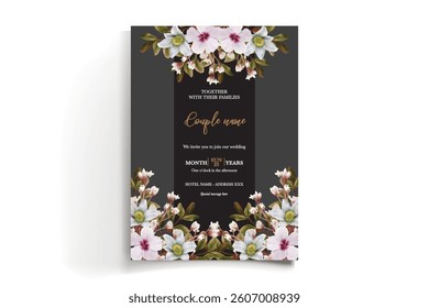 WEDDING INVITATION FRAME WITH FLOWER DECORATIONS AND FRESH LEAVES