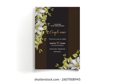 WEDDING INVITATION FRAME WITH FLOWER DECORATIONS AND FRESH LEAVES