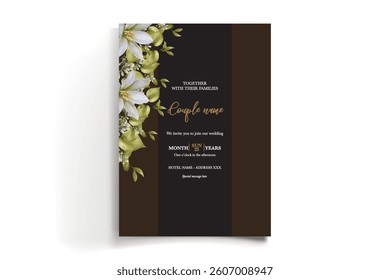 WEDDING INVITATION FRAME WITH FLOWER DECORATIONS AND FRESH LEAVES
