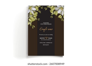 WEDDING INVITATION FRAME WITH FLOWER DECORATIONS AND FRESH LEAVES