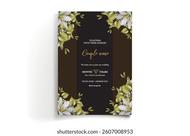WEDDING INVITATION FRAME WITH FLOWER DECORATIONS AND FRESH LEAVES