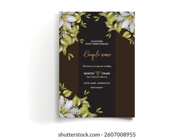 WEDDING INVITATION FRAME WITH FLOWER DECORATIONS AND FRESH LEAVES