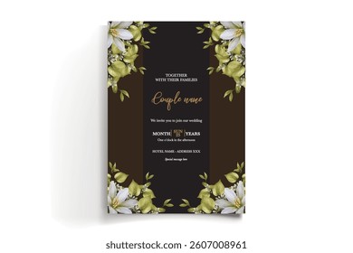 WEDDING INVITATION FRAME WITH FLOWER DECORATIONS AND FRESH LEAVES