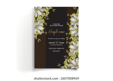 WEDDING INVITATION FRAME WITH FLOWER DECORATIONS AND FRESH LEAVES