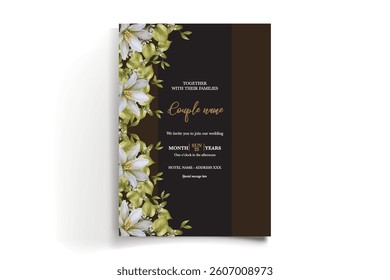 WEDDING INVITATION FRAME WITH FLOWER DECORATIONS AND FRESH LEAVES