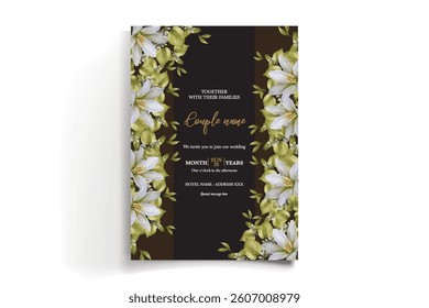 WEDDING INVITATION FRAME WITH FLOWER DECORATIONS AND FRESH LEAVES