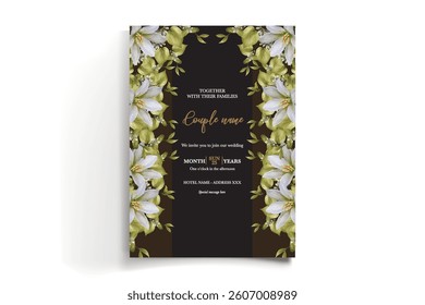 WEDDING INVITATION FRAME WITH FLOWER DECORATIONS AND FRESH LEAVES