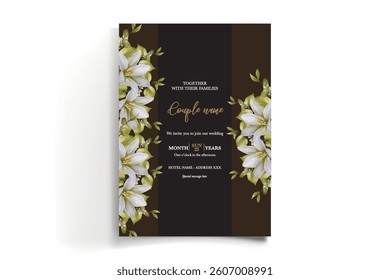 WEDDING INVITATION FRAME WITH FLOWER DECORATIONS AND FRESH LEAVES