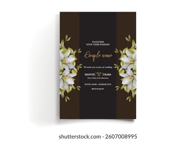 WEDDING INVITATION FRAME WITH FLOWER DECORATIONS AND FRESH LEAVES