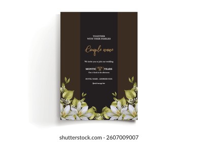 WEDDING INVITATION FRAME WITH FLOWER DECORATIONS AND FRESH LEAVES