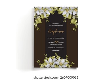 WEDDING INVITATION FRAME WITH FLOWER DECORATIONS AND FRESH LEAVES
