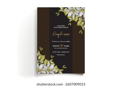 WEDDING INVITATION FRAME WITH FLOWER DECORATIONS AND FRESH LEAVES