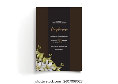 WEDDING INVITATION FRAME WITH FLOWER DECORATIONS AND FRESH LEAVES