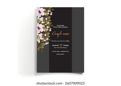 WEDDING INVITATION FRAME WITH FLOWER DECORATIONS AND FRESH LEAVES