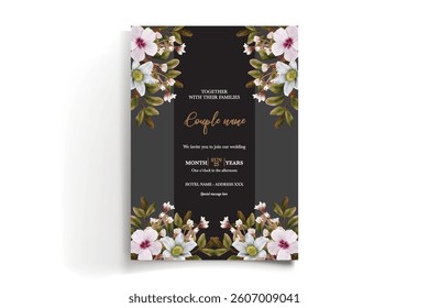 WEDDING INVITATION FRAME WITH FLOWER DECORATIONS AND FRESH LEAVES