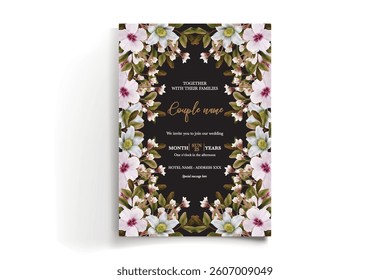WEDDING INVITATION FRAME WITH FLOWER DECORATIONS AND FRESH LEAVES