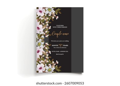 WEDDING INVITATION FRAME WITH FLOWER DECORATIONS AND FRESH LEAVES