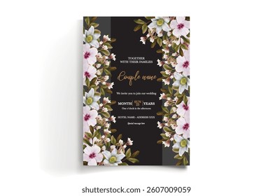 WEDDING INVITATION FRAME WITH FLOWER DECORATIONS AND FRESH LEAVES