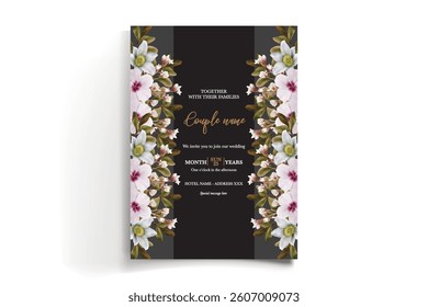 WEDDING INVITATION FRAME WITH FLOWER DECORATIONS AND FRESH LEAVES