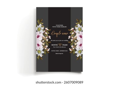 WEDDING INVITATION FRAME WITH FLOWER DECORATIONS AND FRESH LEAVES