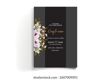 WEDDING INVITATION FRAME WITH FLOWER DECORATIONS AND FRESH LEAVES