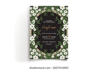 WEDDING INVITATION FRAME WITH FLOWER DECORATIONS AND FRESH LEAVES