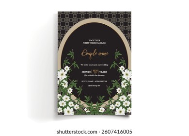 WEDDING INVITATION FRAME WITH FLOWER DECORATIONS AND FRESH LEAVES