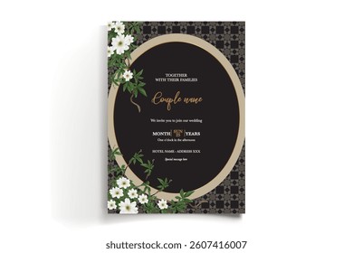 WEDDING INVITATION FRAME WITH FLOWER DECORATIONS AND FRESH LEAVES