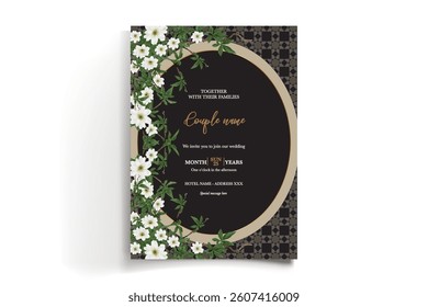 WEDDING INVITATION FRAME WITH FLOWER DECORATIONS AND FRESH LEAVES