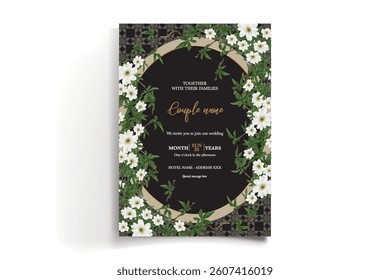 WEDDING INVITATION FRAME WITH FLOWER DECORATIONS AND FRESH LEAVES