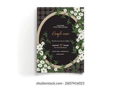 WEDDING INVITATION FRAME WITH FLOWER DECORATIONS AND FRESH LEAVES