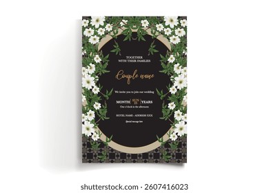WEDDING INVITATION FRAME WITH FLOWER DECORATIONS AND FRESH LEAVES
